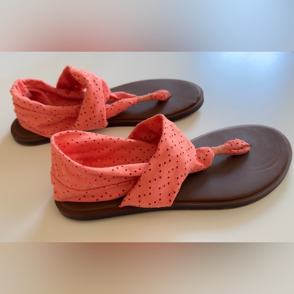 SANUK Stretchy Coral Peach Orange Leather Sling Yoga Sandals Comfy Summer Shoes - Picture 11 of 15